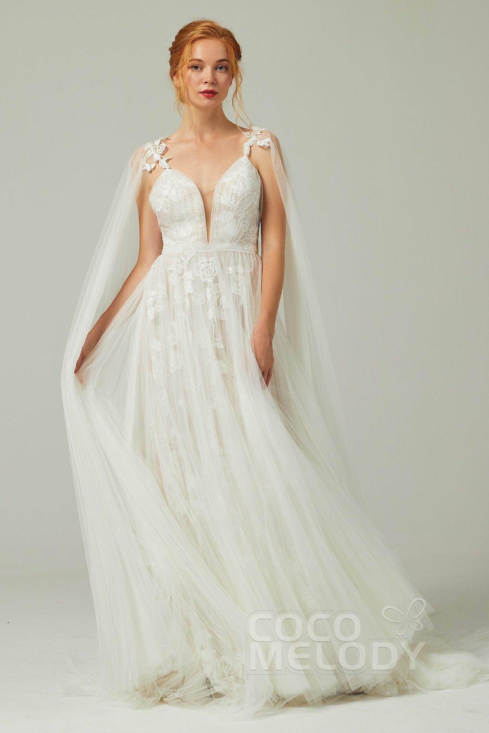 A-Line Sweep-Brush Train Tulle Lace Wedding Dress CW2174 - COCOMELODY